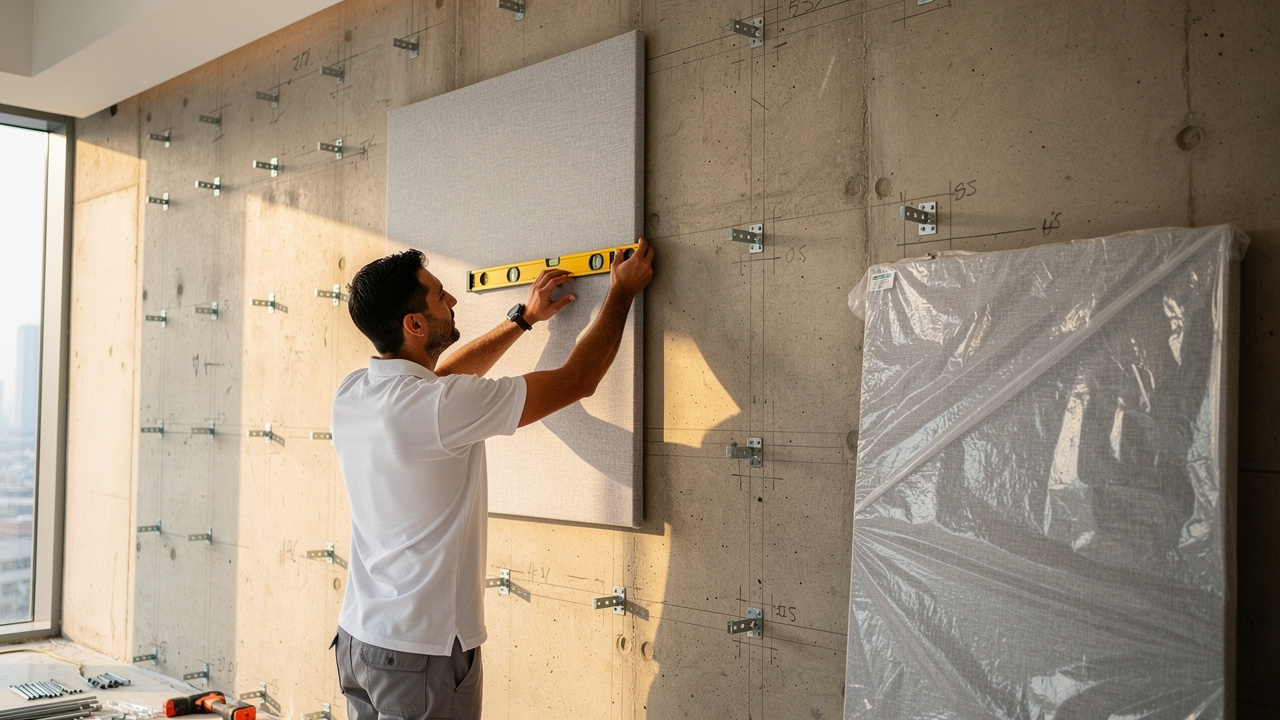 Technician installing acoustic fabric panel on UAE commercial wall