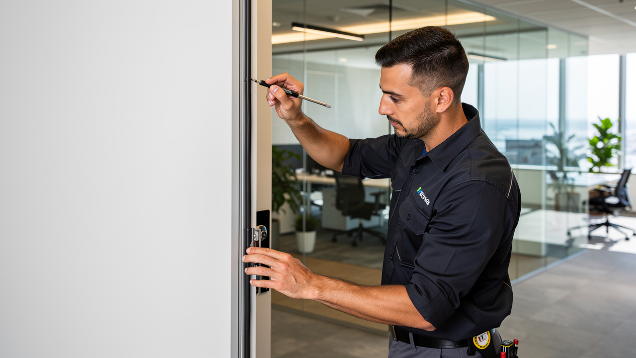 Acoustic seal installer fitting perimeter door seal in office