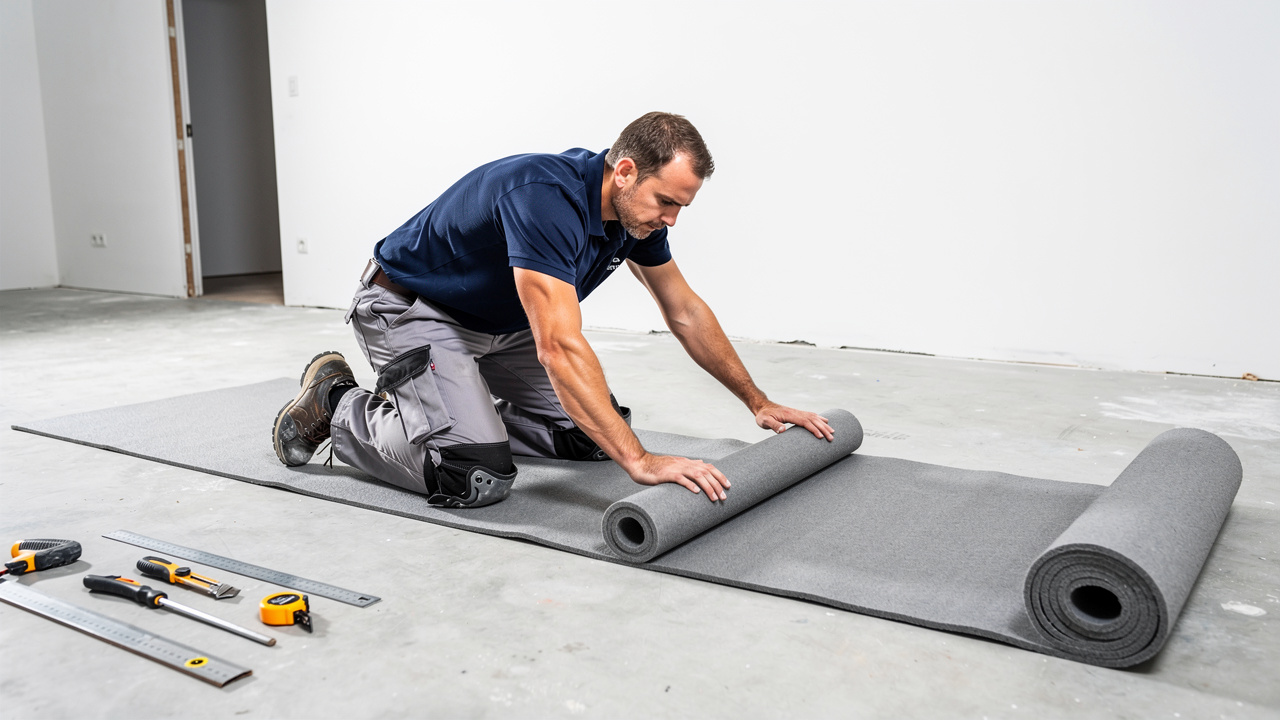 Technician professionally installing acoustic floor underlay in Dubai apartment
