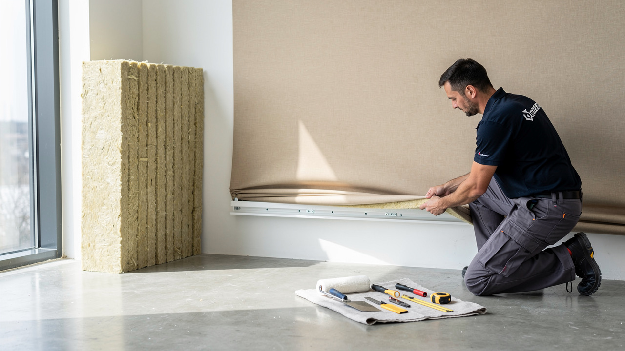 Installer fitting acoustic fabric into PVC profile track on wall
