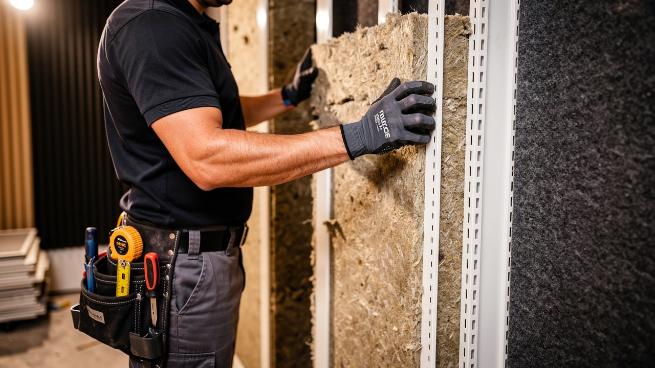 Professional acoustic installer fitting insulation into PVC profile track frame