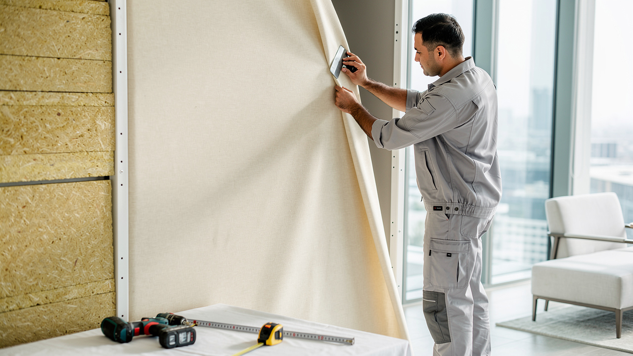 Professional technician installing stretch fabric wall with PVC tracks