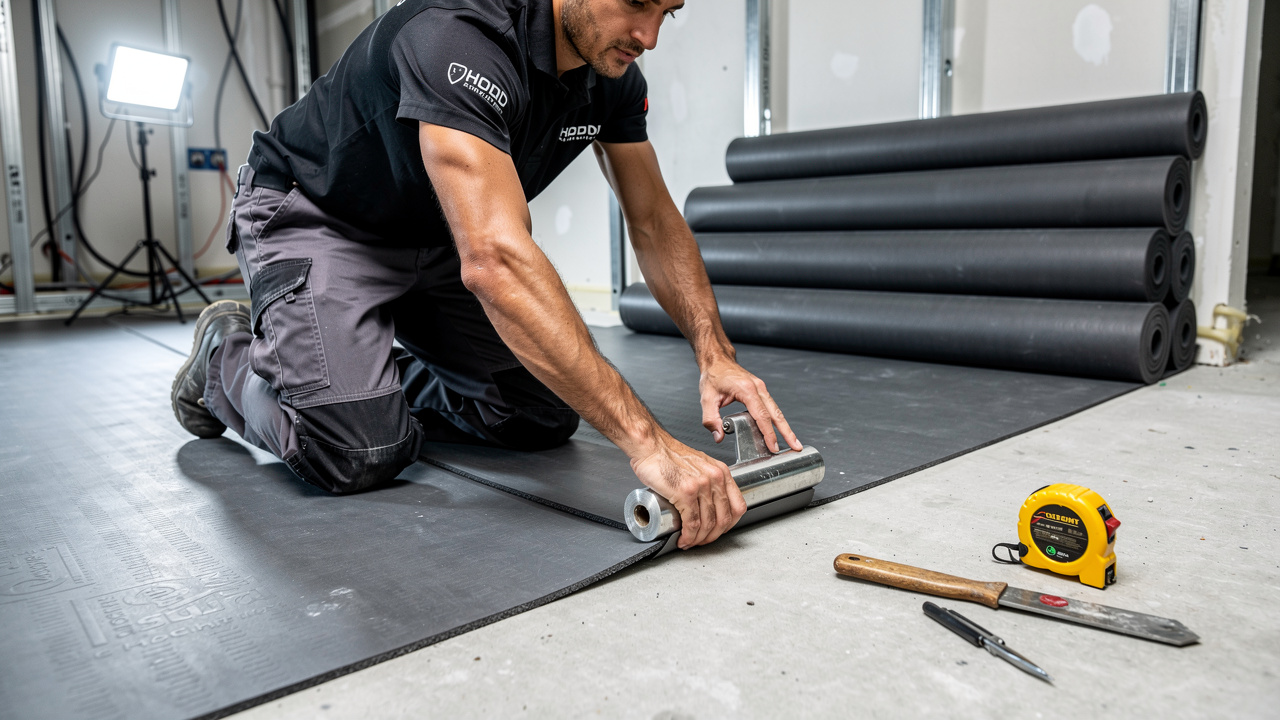 Technician installing acoustic floor underlay in UAE apartment renovation